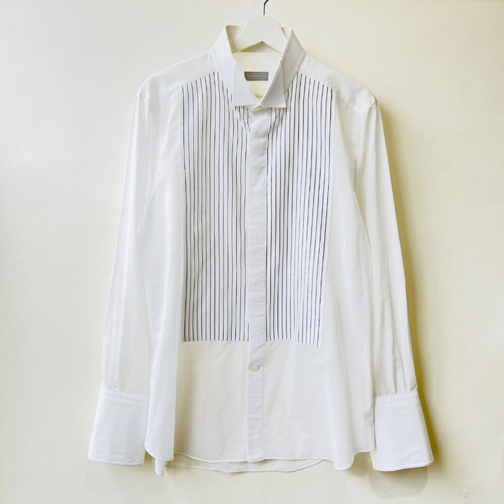 Stefano Ricci Pleated contrasting threads tuxedo shirts, White/black, Size 46/18